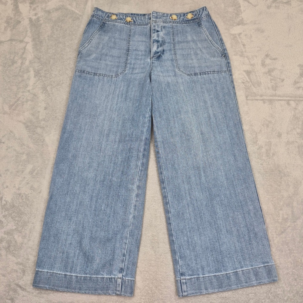 Talbots Wide Leg Crop Jeans Light Wash Sailor Button Fly Blue Denim Size 8